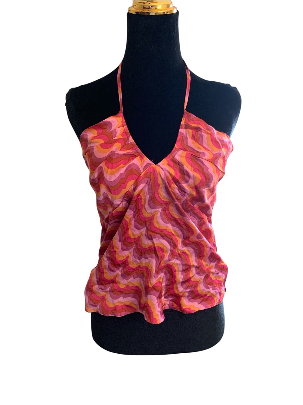 NWT Women Groovy Pink Multi Halter V-Neck Tank Top Kidcore S Hippie